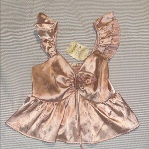 Altar'd State Pink Satin Ruffle Blouse